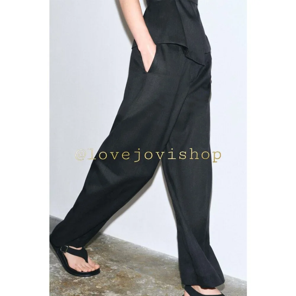 Minimalist | ZARA Linen Pleated Wide Leg Pants | Black Summer Breathable NWT | S